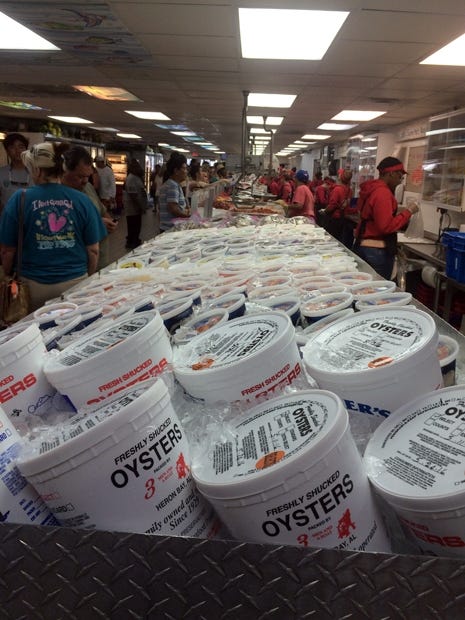 Shucked oysters for sale are pictured. Historically, it was said to eat oysters only in months that contained the letter “R,” meaning September through April. This most likely had to do with the importance of keeping them cold. However, with the advent of ice and the ability to chill, it is safe to eat oysters year-round.

 [ LAURA TIU | SPECIAL TO THE NEWS BULLETIN]