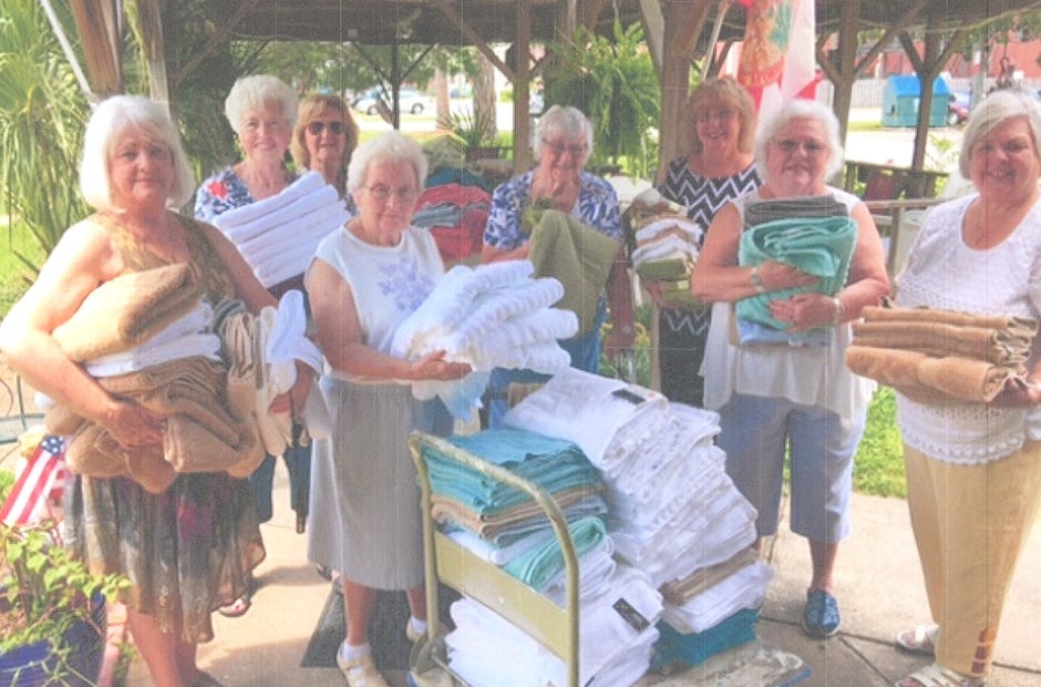 Crestview Women's Club members and First Baptist Church of Crestview collected several bath cloths and towels as gifts for Crestview Manor residents. The club members recently delivered the towels to the Manor. From left: Linda Parker, Ernestine Byrd, Jeri Jones, Eddie Giovanini, Marilyn Leatherman, Brenda Johns, Jeanne Gutenmann and Sharlene Cox. [SPECIAL TO THE NEWS BULLETIN]