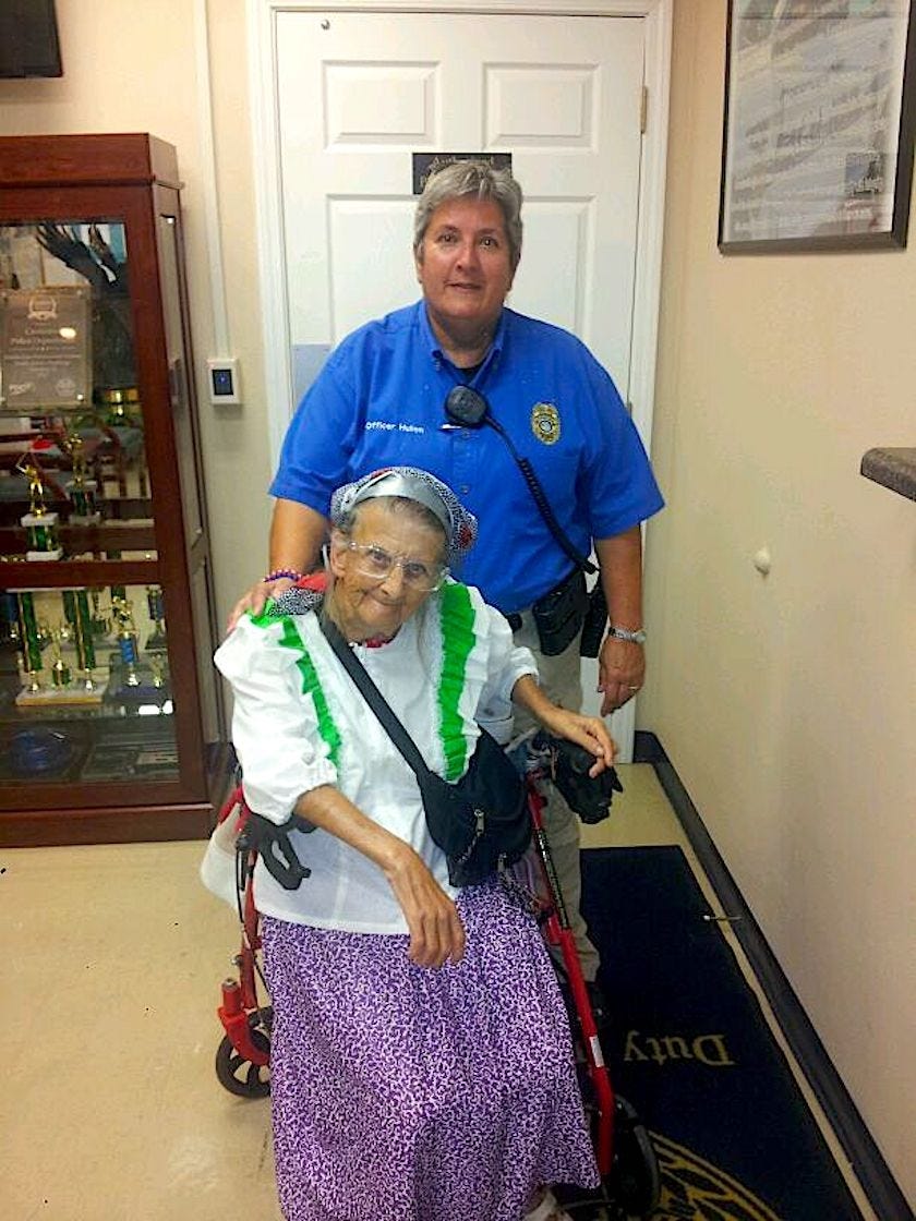 Crestview Police Community Services Officer Wanda Hulion stands behind Sara Reese, a familiar local resident whom Hulion recently helped get a free set of new wheels for the walker she’s seen pushing around town. [CRESTVIEW POLICE DEPARTMENT/SPECIAL TO THE NEWS BULLETIN]