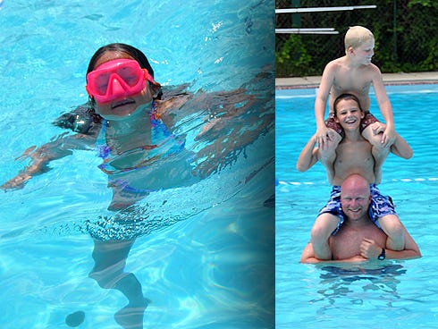 Left: Alex Wise, 8 — pictured Tuesday at Foxwood Country Club — says she likes “to jump in and swim." Right: Aaron Daniel — pictured teaching his grandchildren, from left, Chase and Evan Daniel, how to float — says visiting Foxwood Country Club's pool is “an excellent way to cool down any time of the day.”