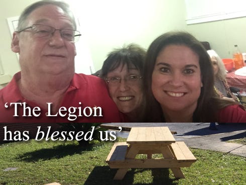 American Legion Post 75 members Gene Morris and Cheryl Anaya, center, are pictured with Crestview Manor Activities Director Tiffany Wrathell. When Wrathell requested a picnic table for residents, the post brought her two.