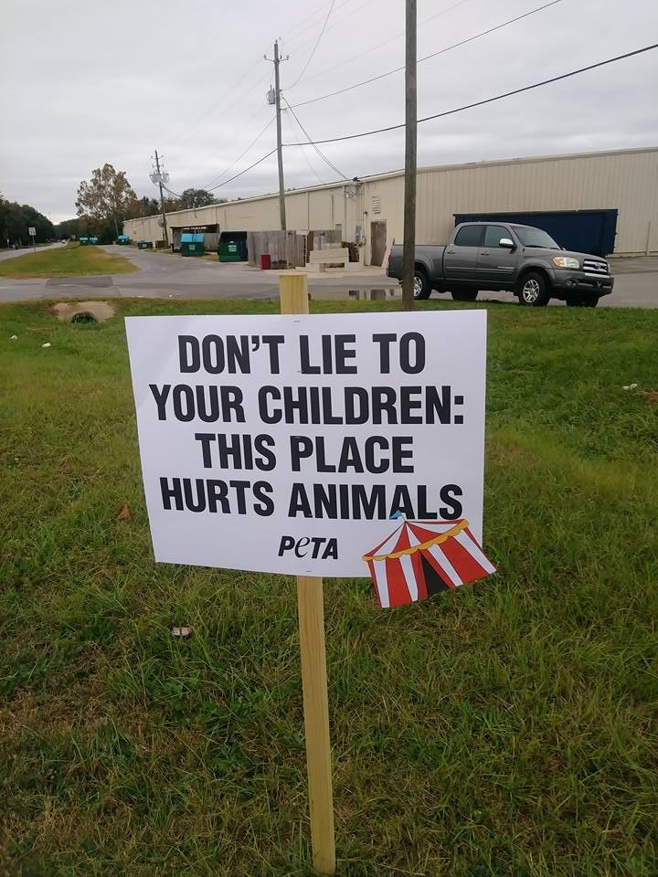 A Crestview woman has been placing signs such as this one around the area. She plans to protest the circus all weekend. [CONTRIBUTED PHOTO]