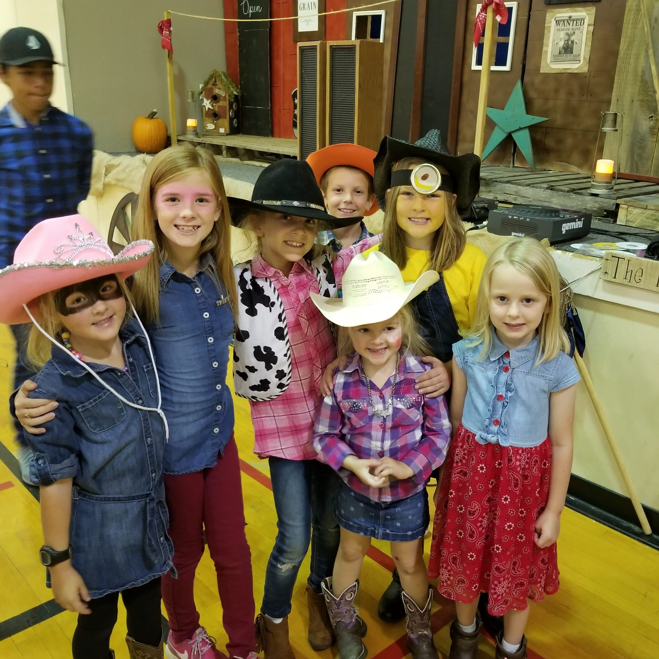 Rocky Bayou Christian School students prepare for the costume contest. Left to right, back row, are Alison Cantrell, Ava Cantrell, Madelynn Weeks, Michael Winkler and Krystal Mercer. Front row, left to right, are Abbey Cantrell and Julianne Thornton. [Special to the News Bulletin]