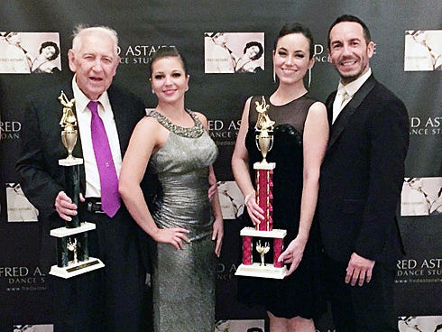 Crestview Fred Astaire regional dance competition winners are Maurice Sullivan, Hannah Ray, Michelle Rhodes and studio owner David Colón.