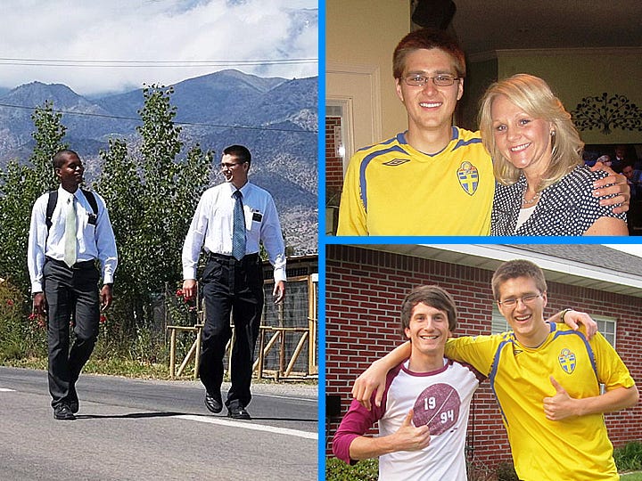 Left, Mormon missionaries Andrew Linares and his Colombian partner walk a rural road outside Santiago with the Andes as a backdrop. Top right, Andrew Linares embraces his mother Amy the day he returned after two years of mission work in Chile. Bottom, recently returned missionaries Justin Mozina and Andrew Linares give their experiences in Zimbabwe and Chile, respectively, a thumbs up.