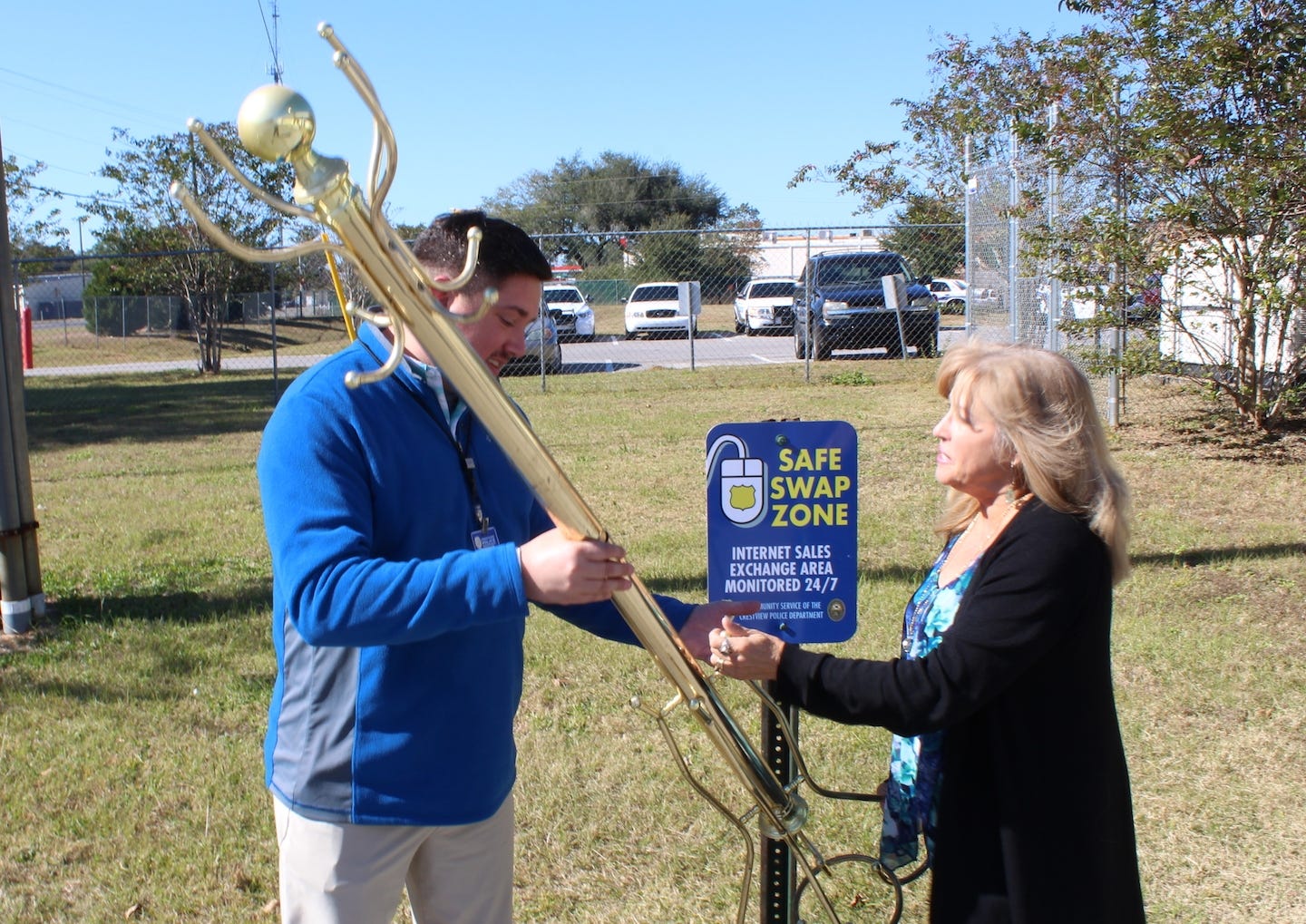 No matter what’s being swapped or purchased on local internet sales — including this brass hatrack — the exchange is covered by 24-hour security video in the Crestview Police Department’s “safe swap zone” on the west side of the parking lot in front of the Whitehurst Municipal Building. [BRIAN HUGHES | Crestview Police Department]
