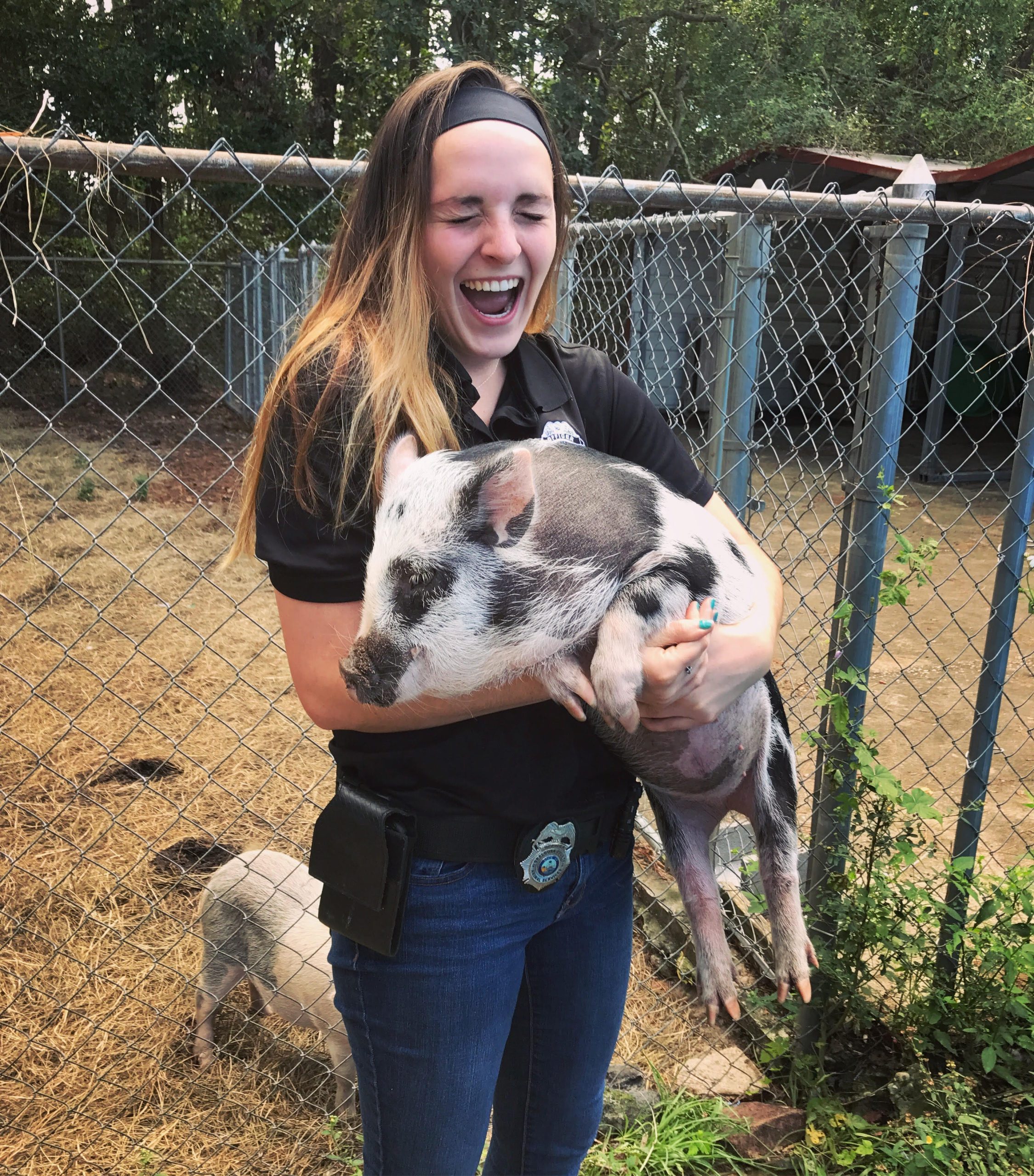 Katie Bruno, an animal control officer at PAWS, holds WeeWee, a pot-bellied pig who is up for adoption. [PAWS/CONTRIBUTED PHOTO]
