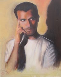 Artist Rita Benz’s “Intensity” calls the viewer to ponder the young man’s pensive look.