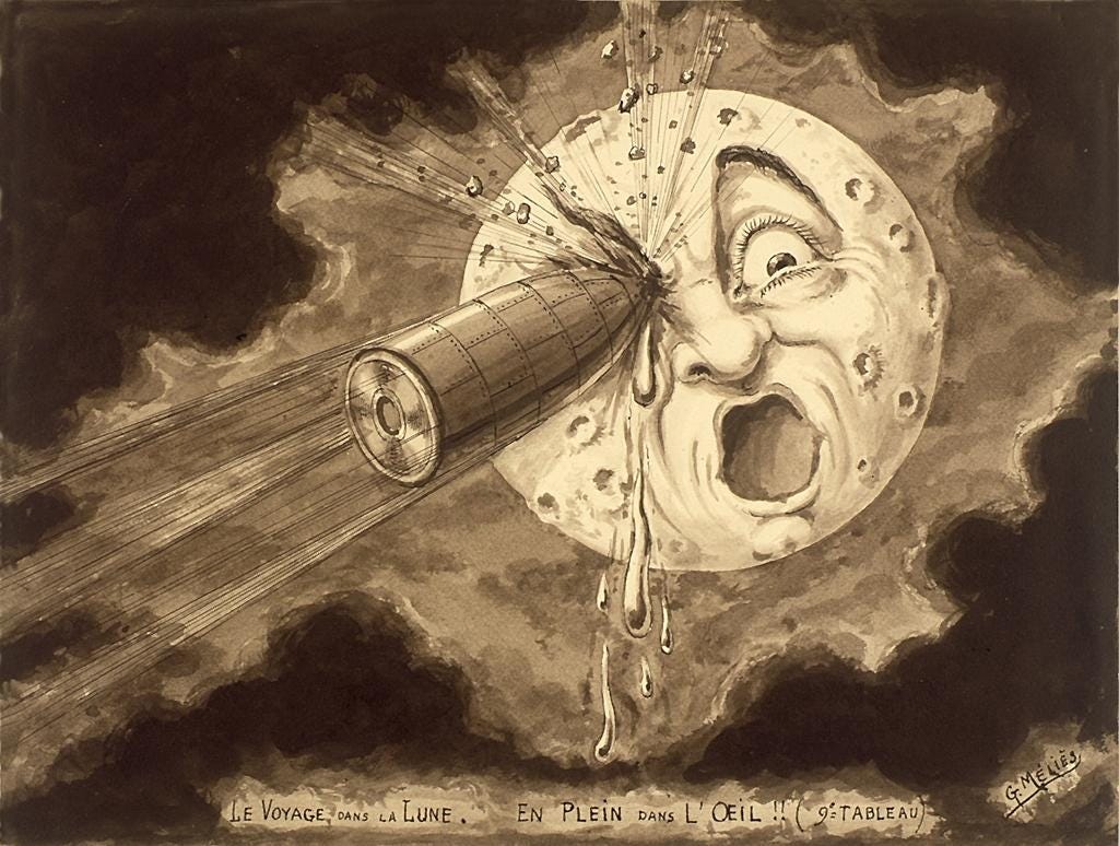 Drawing by Georges Méliès of the rocket landing in the moon’s eye in “Le voyage dans la lune” (A Trip to the Moon), 1902 [Wikimedia Commons]