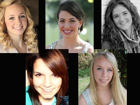 Moriah Brannon, Ashley Grabowski, Ashley Guthrie, Hayley Marshall and Emily Parker, left to right, are competing for Distinguished Young Women scholarships.