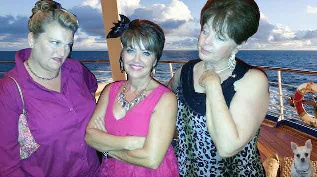 The characters of Act4Mystery's "Decked Out for Death" include Kitty Wonkus (portrayed by Cynthia Bergquist), Kye Anne Pepper (Sally Whitesell) and Mama Wynonna (Kay Yarbrough). They are joined by Chablis the Wonderdog in this photo. PAULA HILTON | SPECIAL TO THE NEWS BULLETIN