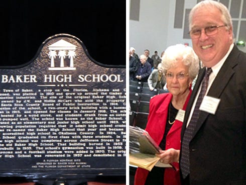 Jeannette Henderson flanks Baker School Principal Thomas Shipp. Henderson, who served 18 years as Baker Block Museum, worked more than two years to bring a historical marker to the school (Special to the News Bulletin). LEFT: The marker recognizes Baker as Okaloosa County's first state-accredited high school. (Matthew Brown / News Bulletin)