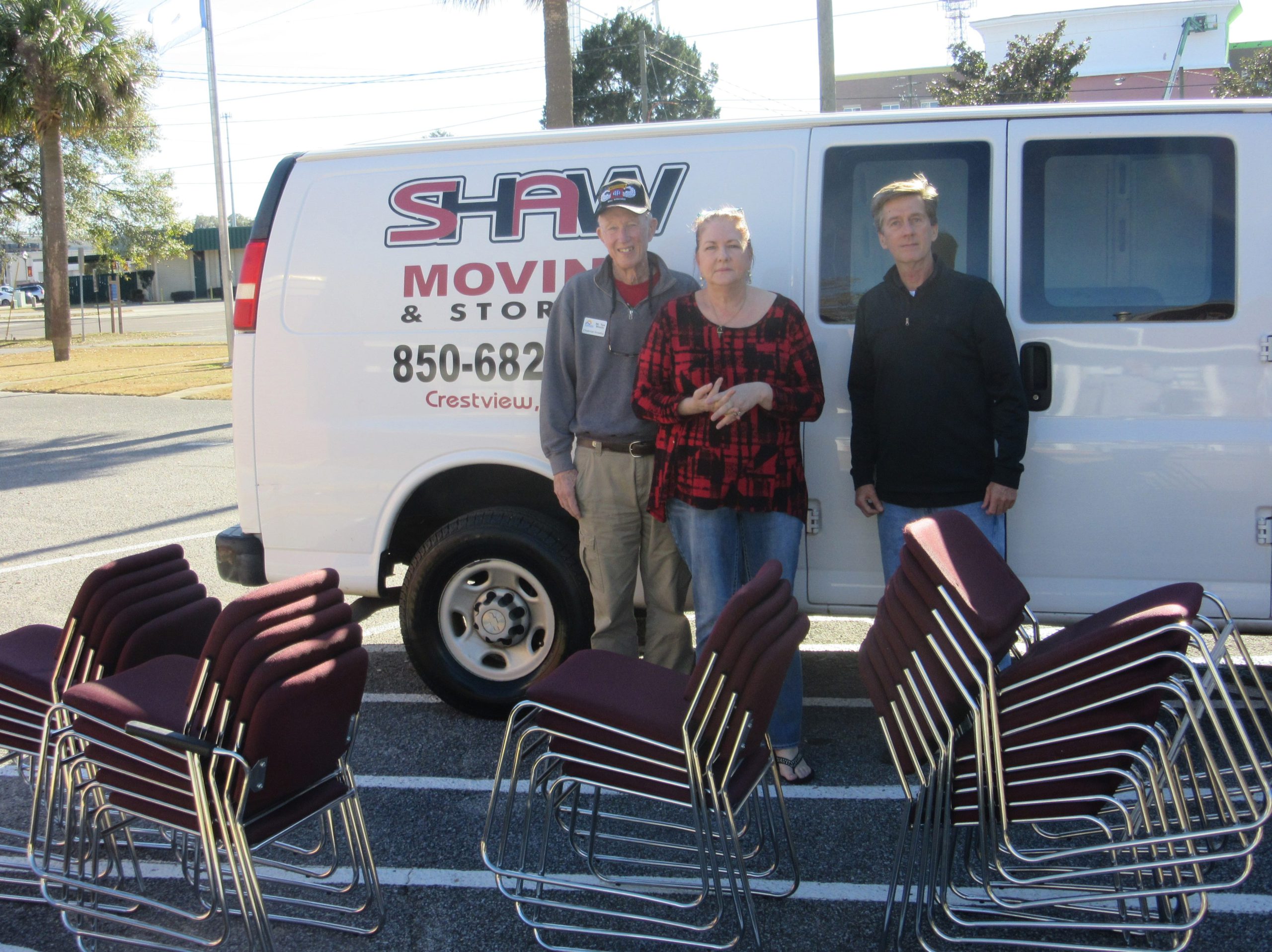 Crestview Area Chamber of Commerce officers Tom Moody (left) and Craig Shaw presented Crestview Manor Director Becky Brice-Nash with 39 chairs for the assisted living facility Tuesday afternoon. [RENEE BELL | NEWS BULLETIN]