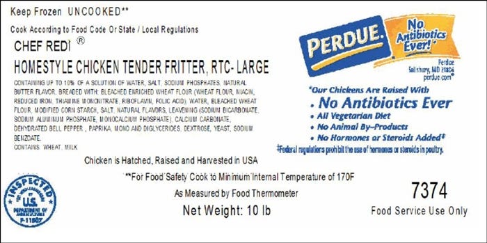 These Perdue chicken fritters are under recall due to misbranding and undeclared allergens. [U.S. DEPARTMENT OF AGRICULTURE, FOOD SAFETY AND INSPECTION SERVICE]