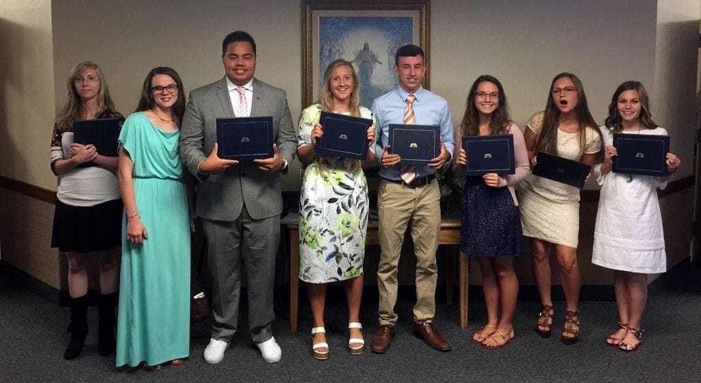 From left are the 2016 Church of Jesus Christ of Latter-day Saints seminary graduates Mary Sumrall, Isabelle Jones, Kini Makaneole, Rebecca Ives, Mathew Samuolis, Sara Curdy, Rachel Riley, Micah Hammond. Graduates not shown are: Sara Nunley, Madison Corbin, Christopher Lawson, and Lyndon Clifton.