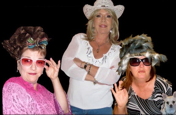 The ladies of "Knock 'Em Dead" are, from left, Augusta Wind (portrayed by Cynthia Bergquist), Marion Haste (Debby Geisen), Royal Payne (Paula Hilton) and Wonderdog Chablis. [CHRISTOPHER MANSON | SPECIAL TO THE NEWS BULLETIN]