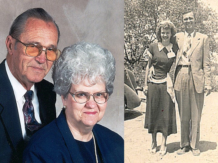 Jeanette and Charles Henderson celebrate their 65th anniversary June 11. The photo on the right was taken shortly after their 1949 wedding. Jeanette said her dress did multiple duty for her baccalaureate service, graduation and wedding.