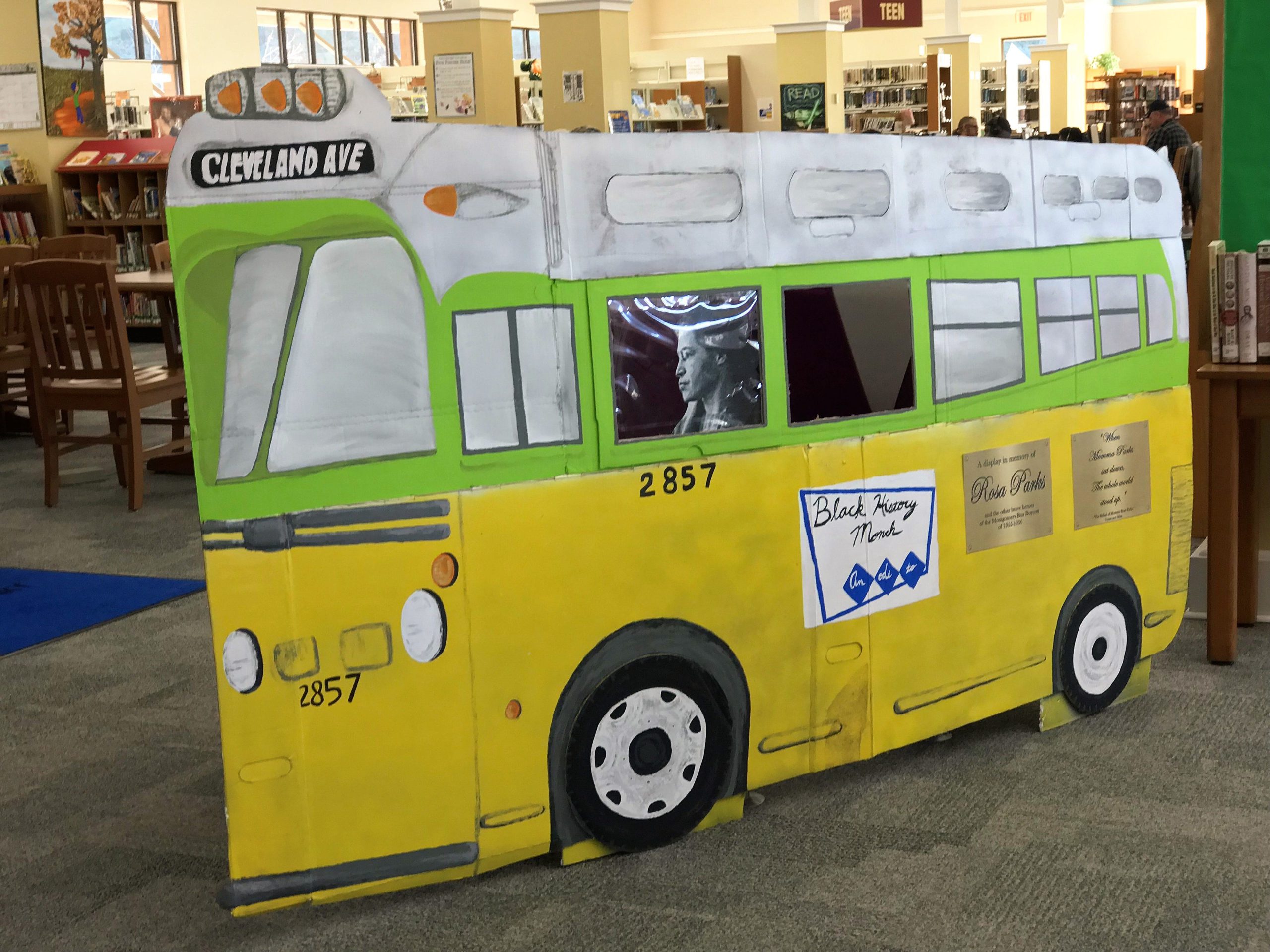 The Crestview library's ode to Black History Month includes this replica of the Montgomery bus as a tribute to Rosa Parks. [EMILY RUFF | CRESTVIEW PUBLIC LIBRARY]