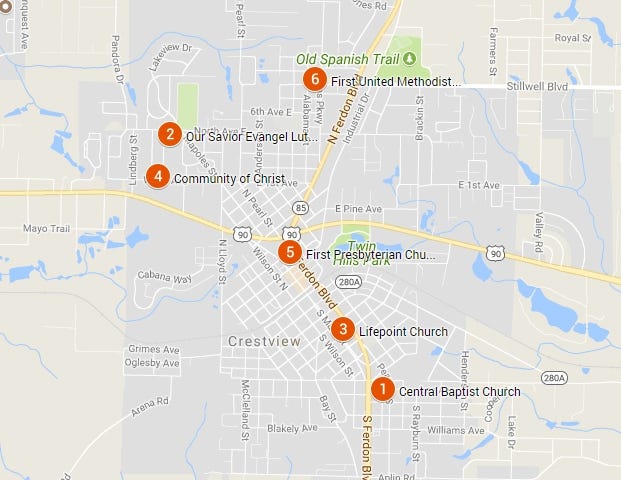 Central Baptist Church (1), Our Savior Evangelical Lutheran Church (2), Lifepoint Church (3), Community of Christ (4), First Presbyterian Church (5), and First United Methodist Church (6), provide meals to homeless people in Crestview Monday through Saturday, respectively. Meal times are 11 a.m. to noon. [GOOGLE MAPS]