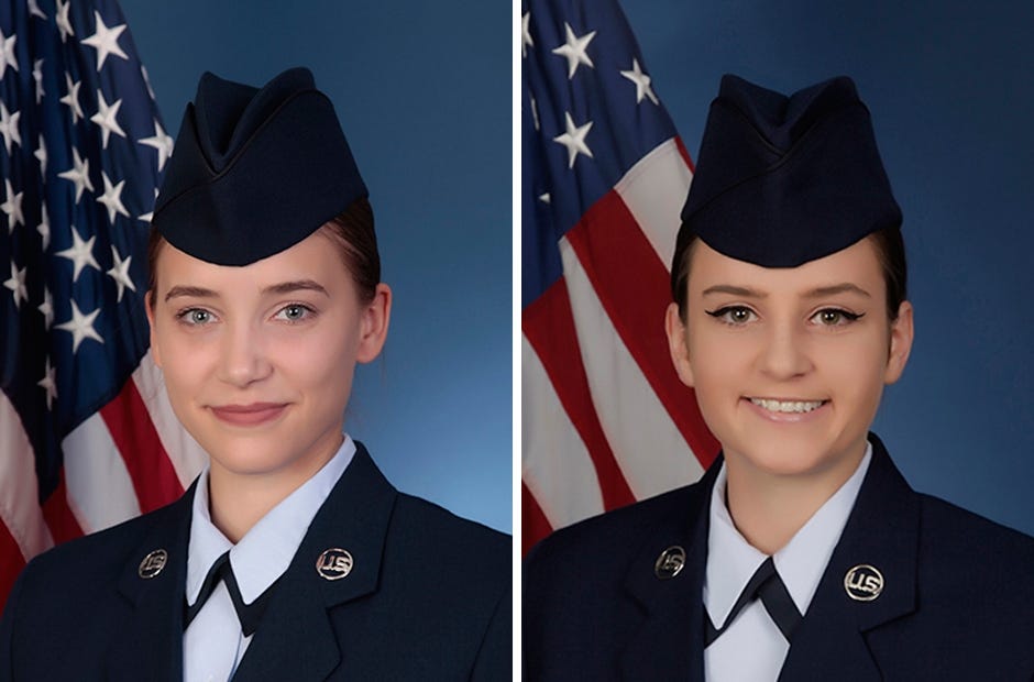 Airman 1st Class Joslyn E. Briggs (left) and Airman Allyson N. Salinas recently completed basic training at Lackland Air Force Base in Texas. [SPECIAL TO THE NEWS BULLETIN]