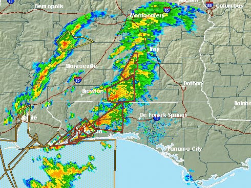 The National Weather Service's 9:46 a.m. weather map for the area shows a line of storms passing through with another to follow from the west later this morning. The red outlines define tornado watch areas.