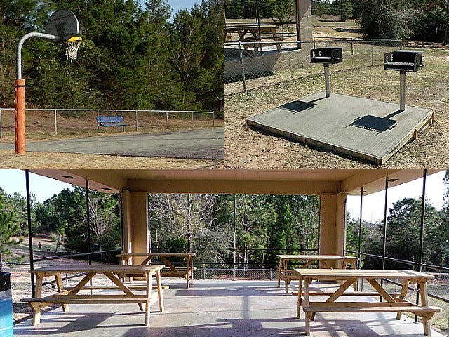 Clockwise from top left, Improvements to the Countryview Park basketball court include a new players’ bench and safety-padded goal posts. Newly installed barbecue grills await Countryview Estates residents’ burgers and hotdogs following upgrades to the park. Four picnic tables are available at the Countryview Park picnic shelter. Until recently, there was just one.