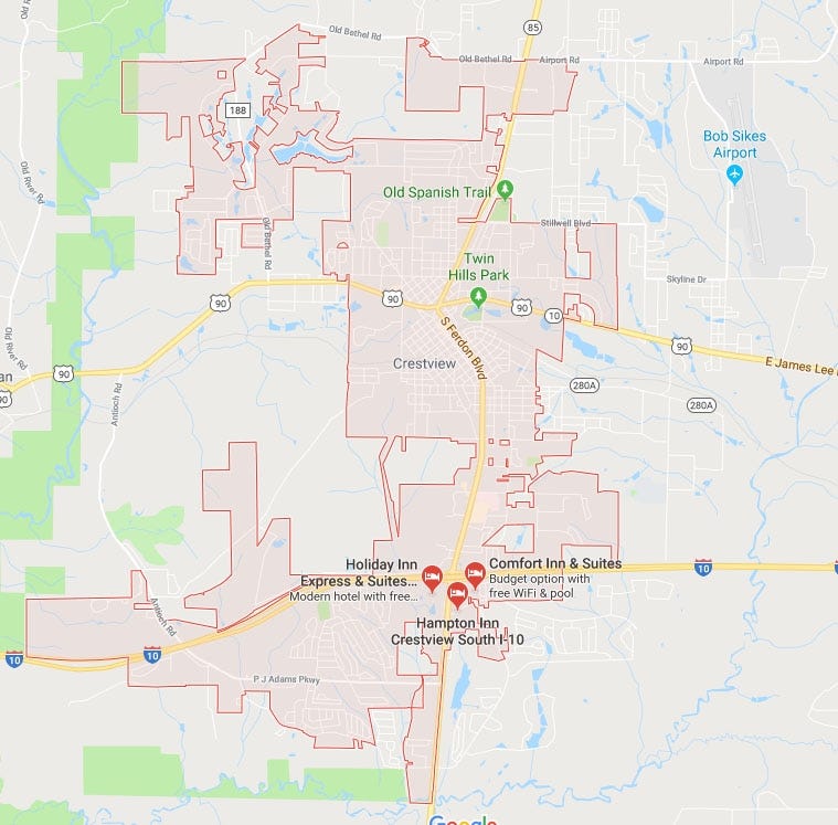 The red tinted areas in this map show what areas are within Crestview's city limits. [GOOGLE MAPS]