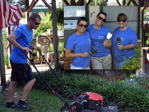 Matt VanBeber, a Spring Creek Apartments maintenance employee, uses a push mower to cut grass outside the assisted-living facility. Inset: Spring Creek Apartments staffers Kristin Tugman, Lisa Killens and Linda Roper prepare to scrape paint off the exterior of Crestview Manor.