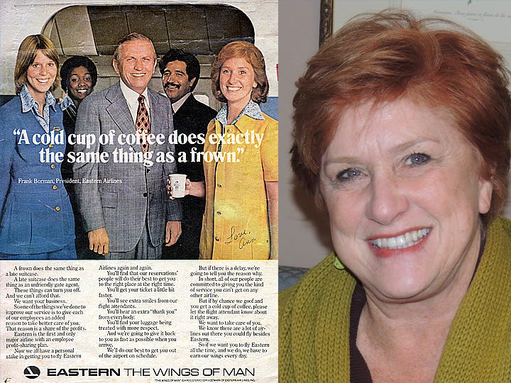 Crestview native Ann Rivera, then Ann Kelly, right, was selected among other Eastern Airlines employees to appear in this ad with airline President Frank Borman, a former astronaut. Kelly also remembers trying to appear calm when an Eastern Airlines plane on which she was a flight attendant was hijacked to Cuba and the hijacker decided he liked her.