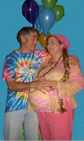 Rock Steady (Joe Chase) admires his Baby-Mama, Kelly Karma (Cynthia Bergquist), in this scene from the Act4Murder production "Peace, Love… and Murder!"