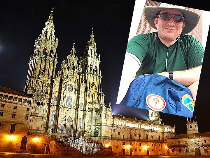 Jason Driver takes a breather on the front steps of the Crestview First Baptist Church during a practice hike for his pilgrimage in Spain next month. The shell patch with the Cross of St. James on his backpack is a symbol of the Camino de Santiago that Driver will follow, ultimately taking him to the Cathedral of Santiago de Compestela, where he will receive a certificate attesting to his pilgrimage.