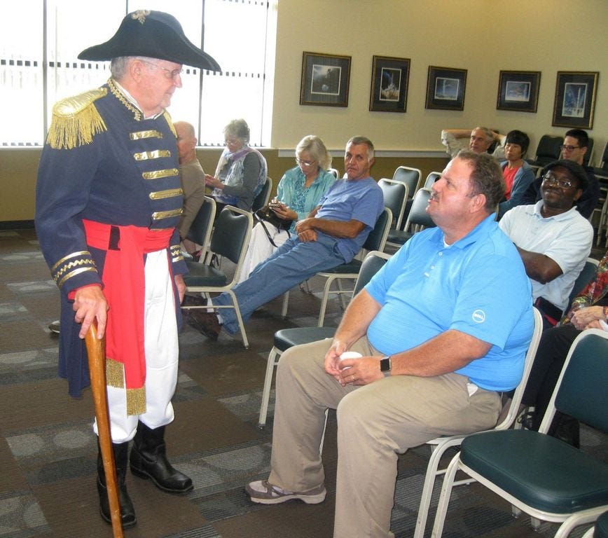Crestview historian Jim Moore — in character as Andrew Jackson, chatting with audience member Joe Meyer on Dec. 1 at the Crestview Public Library — will portray Okaloosa County founder William Mapoles in January 2016. His living history presentation is among scheduled events to observe Crestview's 100th anniversary.