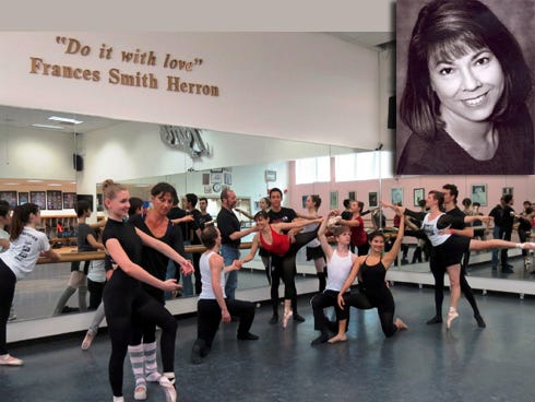 Northwest Florida State College dance faculty work with students in the Frances Smith Herron Dance Studio as they prepare for a recent performance. Herron is pictured in the inset.