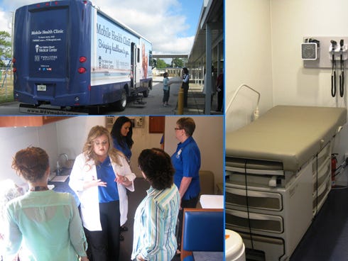 Clockwise from left: The Mobile Health Clinic — a service of Fort Walton Beach Medical Center, Twin Cities Hospital and Niceville Family Practice — visits each Okaloosa County School District property on a regular rotating schedule, bringing urgent care center services to educators.
The Mobile Health Clinic has two examination and treatment rooms.
Northwood Arts and Science Academy educators learn about the Mobile Health Clinic from nurse practitioner Kimberley Smith.