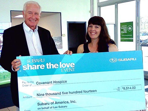 Bob Lee, of Lee Subaru, presents a $9,514 check to Covenant Hospice's Rachel Mayew. The funds were raised during the Subaru Share the Love event, which supported nonprofits across America. Lee selected Covenant — which has Crestview and Fort Walton Beach offices, among other locations — as the dealership’s Hometown Charity.
