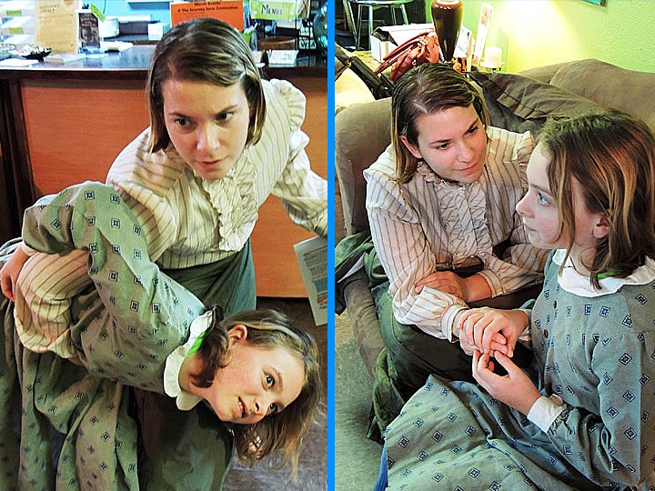 Sarah Hawkins as Annie Sullivan and Brooklyn Onuffer, playing Helen Keller, rehearse scenes from "The Miracle Worker," opening Friday in Warriors Hall.