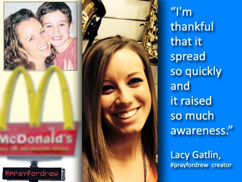 Lacy Gatlin, 23, of Atlanta, came up with the hashtag that started a movement. The former Crestview resident says she's just happy that #prayfordrew is raising awareness and funds for the Barefields.