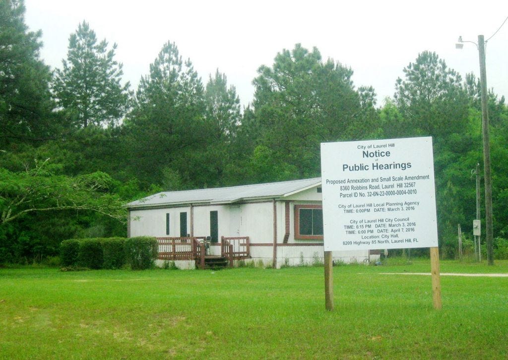 This Robbins Road property, owned by former Laurel Hill City Councilman Johnny James, inched closer to being annexed into the city with two 4-1 votes by the City Council Thursday night.