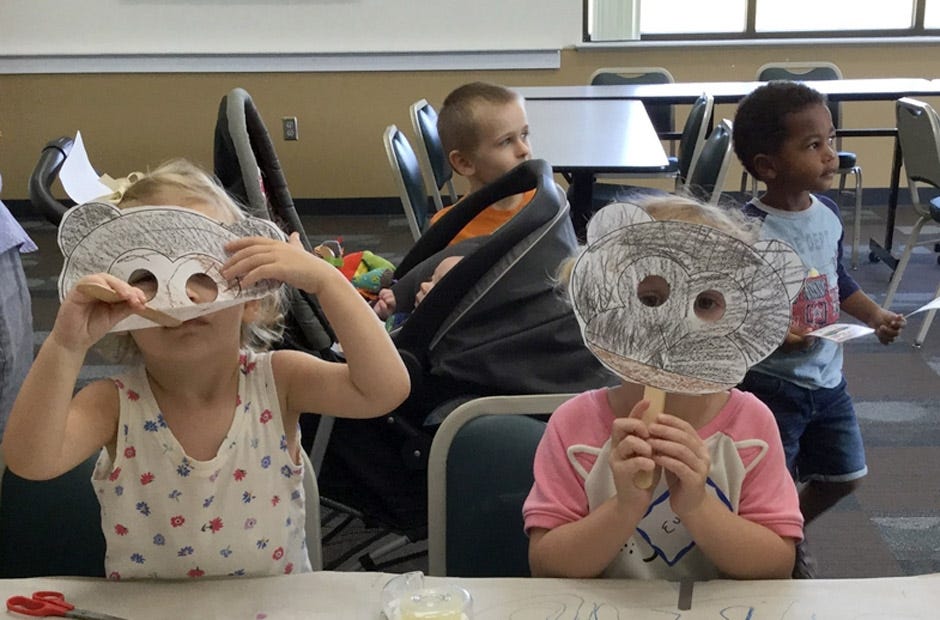 We went ape in Library Class on Tuesday; October 16! The monkeys behind the masks are Crestview residents June McDuffie (age 2) and Evey Shipp (age 3). [HEATHER NITZEL | SPECIAL TO THE NEWS BULLETIN]