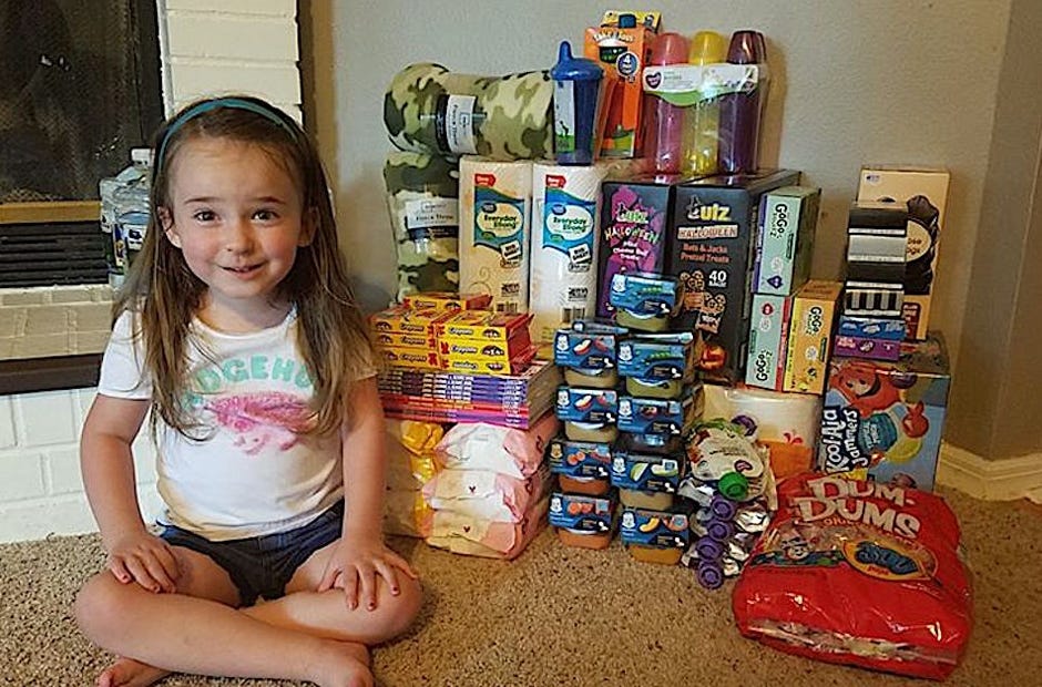 Riley Martin, 3, of Crestview, poses with supplies for children affected by Hurricane Michael. She ran a lemonade stand for donations used to purchase the supplies, which the Crestview Police Department delivered. [SPECIAL TO THE NEWS BULLETIN]