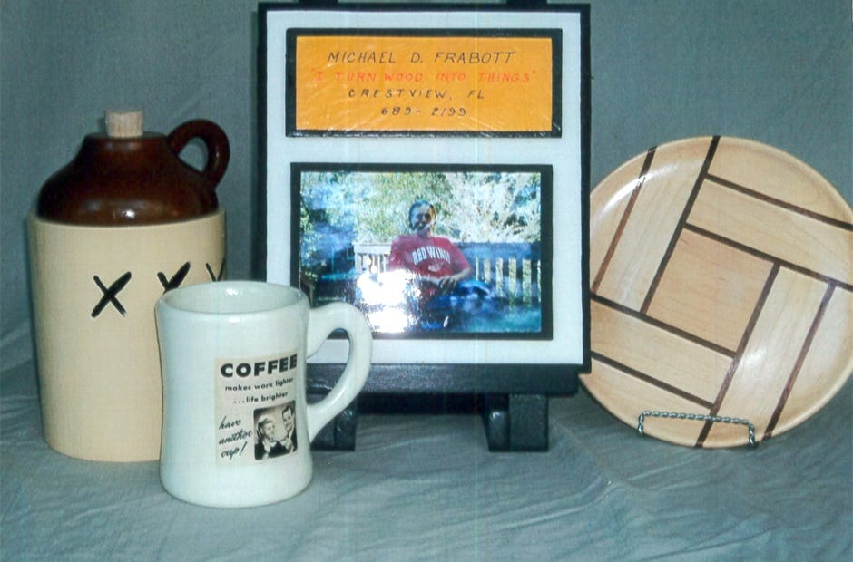 A picture frame, jug holder, and a plate with inlaid strips of various woods are among his creations. The artist's slogan is, "I turn wood into things." [SPECIAL TO THE NEWS BULLETIN]