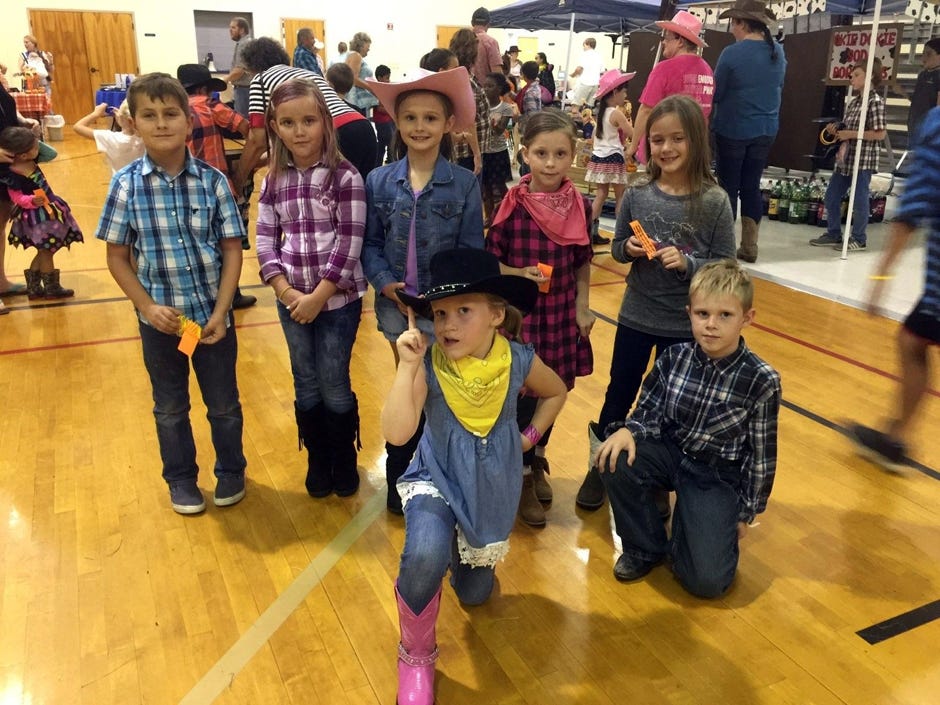 Sheila Rodriguezís second grade class is pictured at the Rocky Bayou Christian School Western Hoedown Oct. 20 in Crestview. In the back row, from left are Conner Taylor, Oly Stephens, Hannah Eitel, Cora Griffin, and Marlee Owens. In the front row, from left, are Violet Larson and Joseph Mixon. [SPECIAL TO THE NEWS BULLETIN]