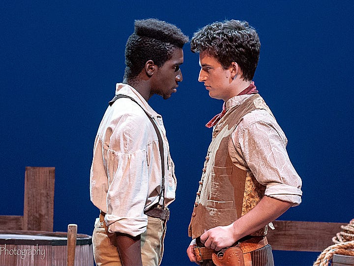 Baker resident Daniel Thornton as Jud Fry, left, faces off with Curly McLain, played by Tristan Allen, in Northwest Florida State College’s production of “Oklahoma!,” opening July 15.