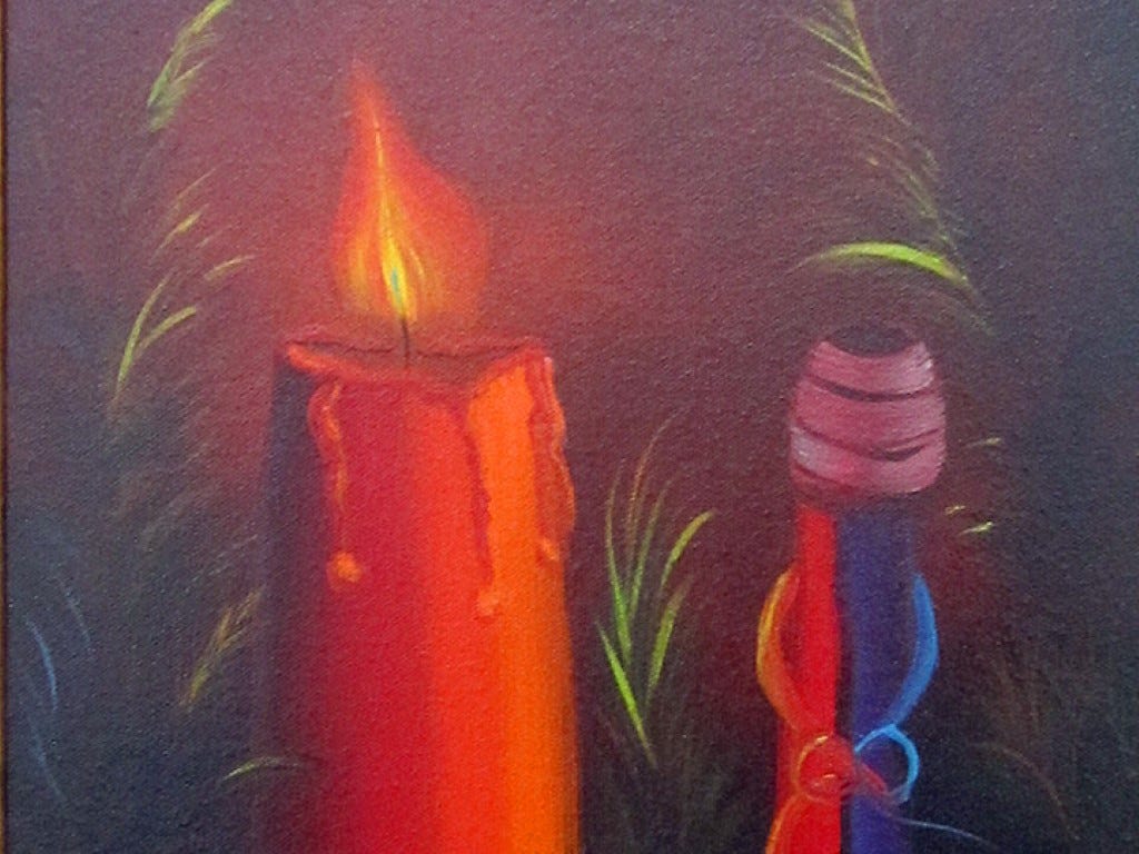 The library will raffle this Christmas-themed painting donated by local artist Deni K. during Noel Night to raise funds to acquire new books.