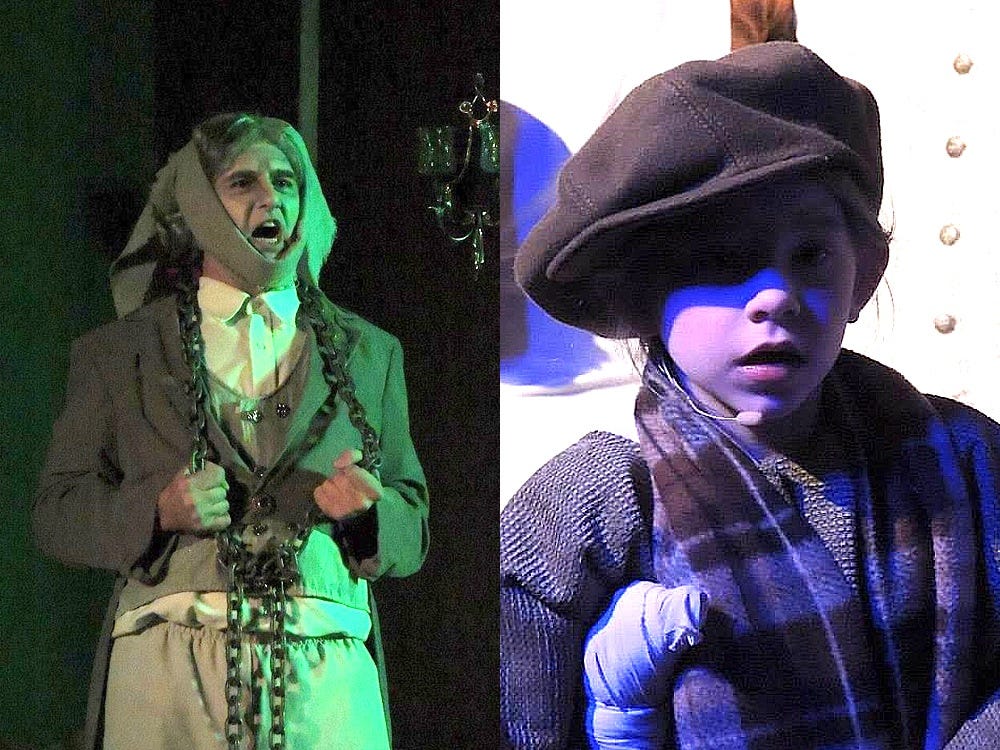 Marley's ghost, played by Jeremy Edwards, and Tiny Tim, charmingly performed by Allie Howard, prove two diverse influences leading to miserly Ebenezer Scrooge's conversion in the Crestview community theatre production of "A Christmas Carol."