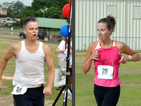 At left, Steven Rausch, of Crestview, finishes first place during Guardian Ad Litem’s "My Forever Home 5K Run/ Walk" on Saturday at Old Spanish Trail Park. At right, Karla MacGregor, of Milton, finishes second overall during the 5K.