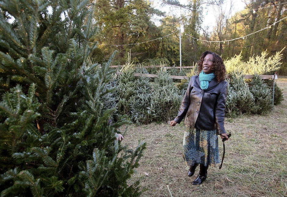 Lenette Britt hops excitedly as she is shown a Fraser fir Christmas tree by Sherry Sharpe, behind tree, on Nov. 28, 2018 at Sharpe Tree Farm in Rocky Mount, North Carolina. [ALAN CAMPBELL | Rocky Mount Telegram via AP]