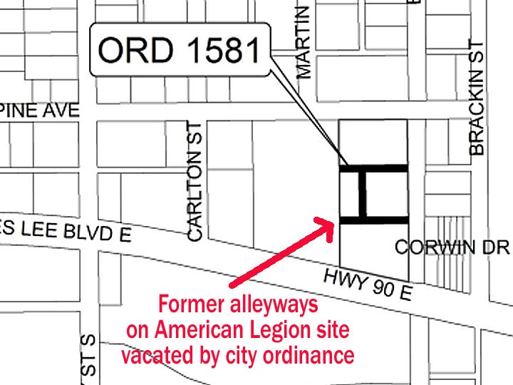 Former alleyways on the site of the current American Legion post were vacated in 1948, but because the original signed ordinance is missing, the City Council had to vacate them again.