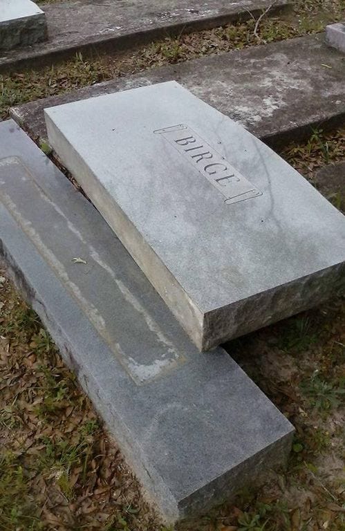 The Birge headstone lies on its side after being toppled by vandals at Almarante Cemetery in Laurel Hill.