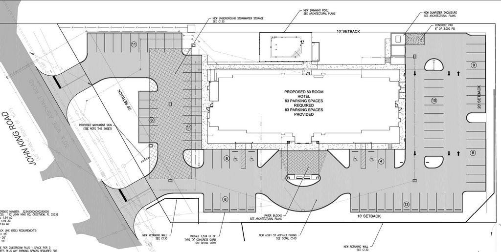 This site plan depicts a Hampton Inn planned for the 2-acre site between La Rumba and Samuel's Roadhouse restaurants on John King Road.